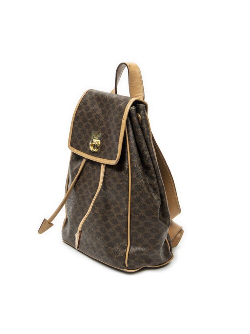 Celine Drawstring Flap Backpack Beige Brown Macadam Canvas - Picture 2 of 10